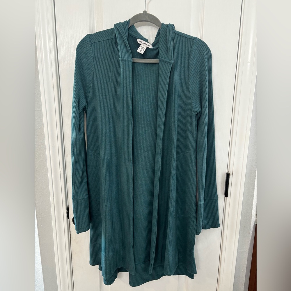 Athleta Petite XS Teal Blue Ribbed Hooded Duster‎ Cardigan
